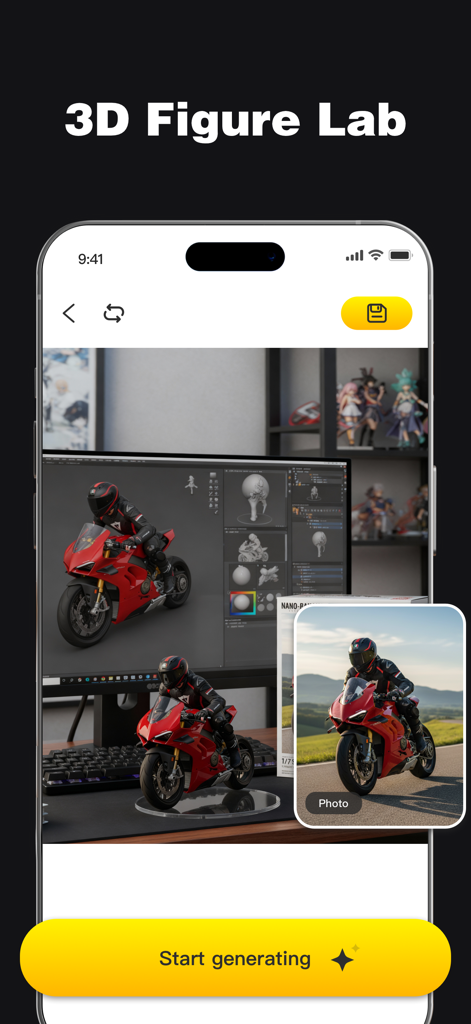 PixMuse: AI Photo Editor - A screenshot of the PixMuse AI app interface showing the 3D Figure Lab feature which converts a motorcycle photo into a high-quality 3D model and miniature.
