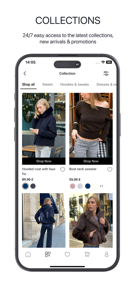 Subdued app interface showing the latest fashion collections with photos of models wearing coats and sweaters.