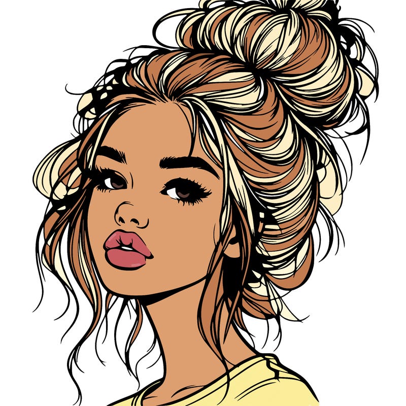 realistic girl with messy bun and big lips