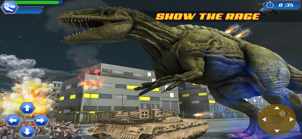 Ultimate Animal Destruction 3D - A giant T-Rex dinosaur attacking a city with tanks and explosions