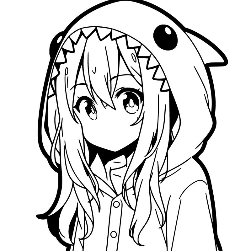 young anime girl in shark pajamas