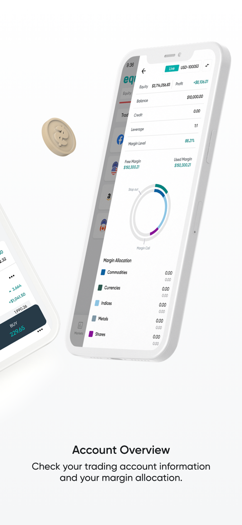 Account overview screen of the Equiti Trader app showing balance and margin allocation