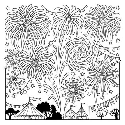 Get ready for a spectacular burst of color with this festive fireworks display coloring page! Perfect for kids, it features dazzling pyrotechnics, festive tents, and twinkling stars.