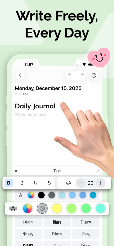 My Diary - Journal & Notes - デジタルダイアリーアプリケーションインターフェース。毎日のジャーナルエントリのテキストフォーマットオプションとフォントスタイルを表示しています