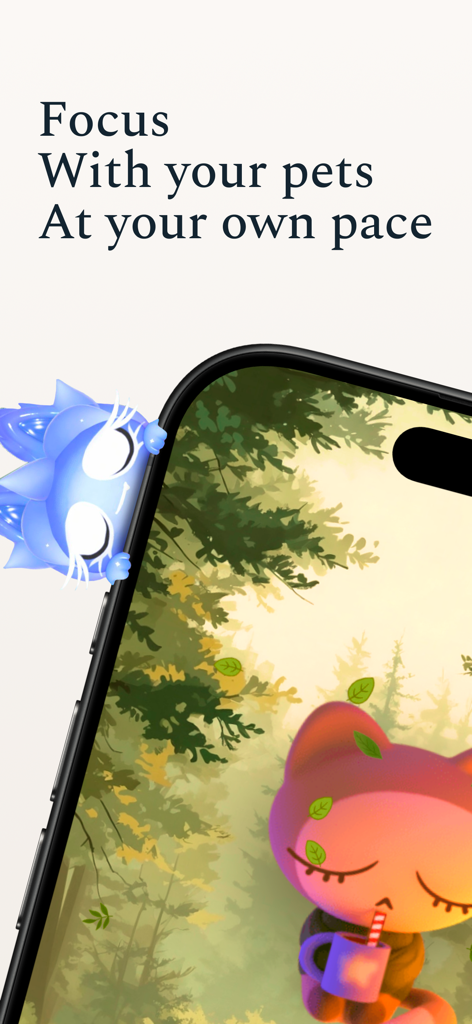 Petimer: Pomodoro & Study Pets - A smartphone displaying the Petimer app with cute pet characters in a cozy forest environment under the text focus with your pets at your own pace