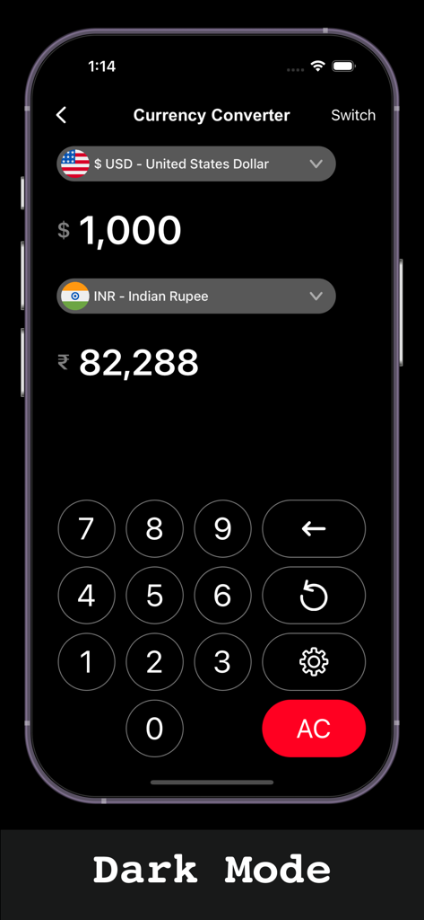 Interfaz del convertidor de divisas en modo oscuro que muestra la conversión de dólares estadounidenses a rupias indias