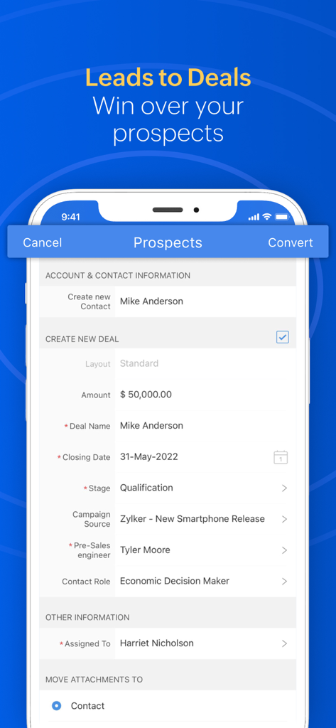 Zoho CRM - Sales & Marketing - Zoho CRM mobile interface for converting prospects and creating new deals