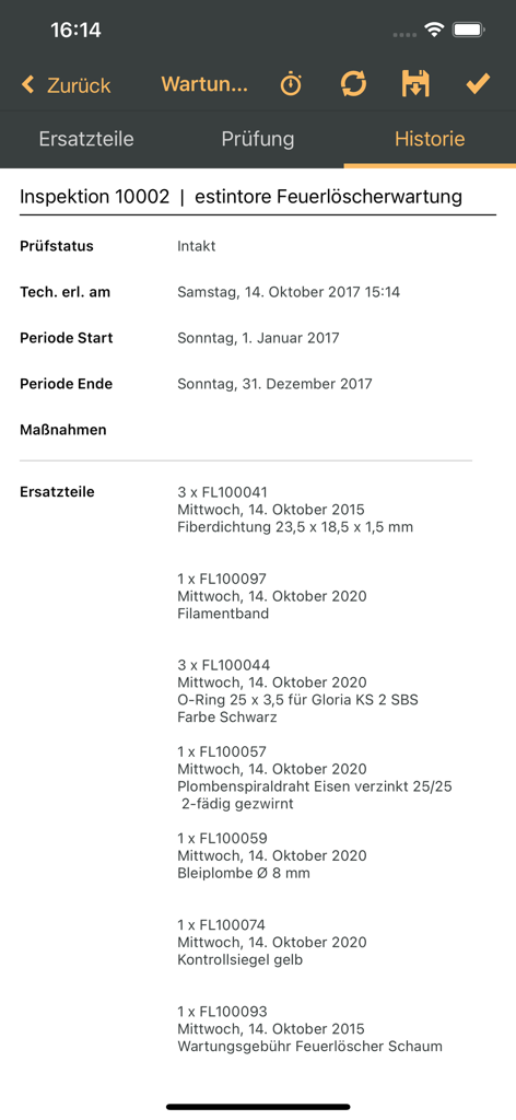 Esmobile 14 Außendienst-App zeigt einen Wartungshistorienbericht für eine Feuerlöscherinspektion an.