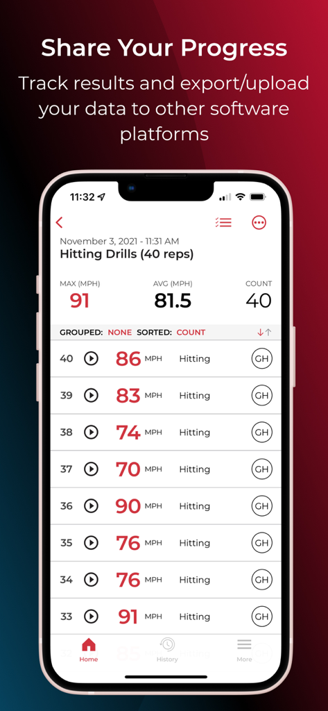 Pocket Radar® Sports - Pocket Radar Sports app screen showing hitting drill results with velocity data for 40 reps