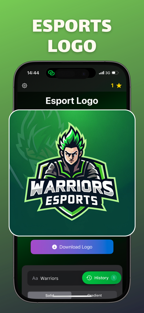Screenshot of the Esport Gaming Logo Maker app displaying a custom mascot logo for Warriors Esports
