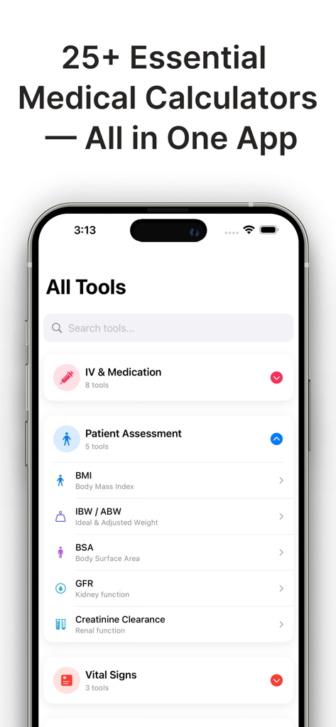 Drip Rate Infusion Calculator - Smartphone screen showing the DripRate Pro app menu with various medical calculators for patient assessment and IV medication