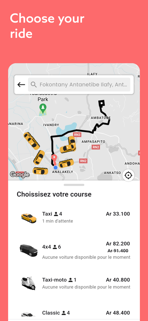 Misy - Interfaz de la aplicación Misy que muestra la ruta del mapa y las opciones de vehículos como taxi, 4x4 y mototaxi con precios anticipados