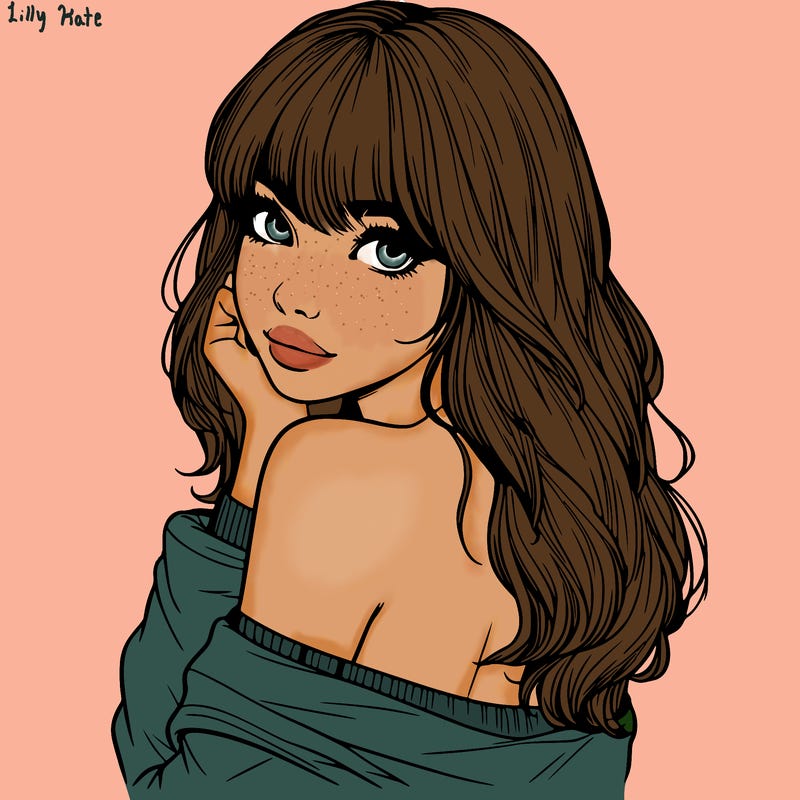 realistic girl with bangs looking over her shoulder