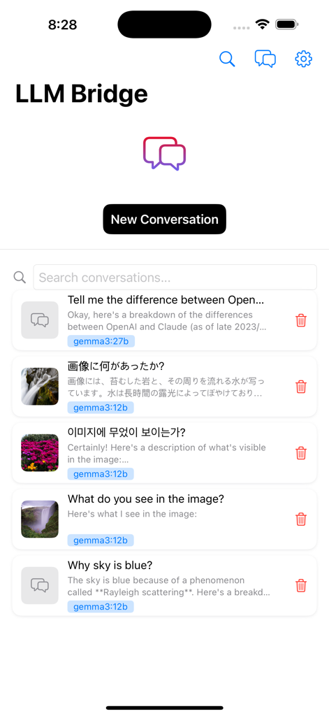 LLM Bridge - Multi LLM Client - Main screen of the LLM Bridge app showing a list of recent AI chat conversations in multiple languages with specific model labels like gemma3.