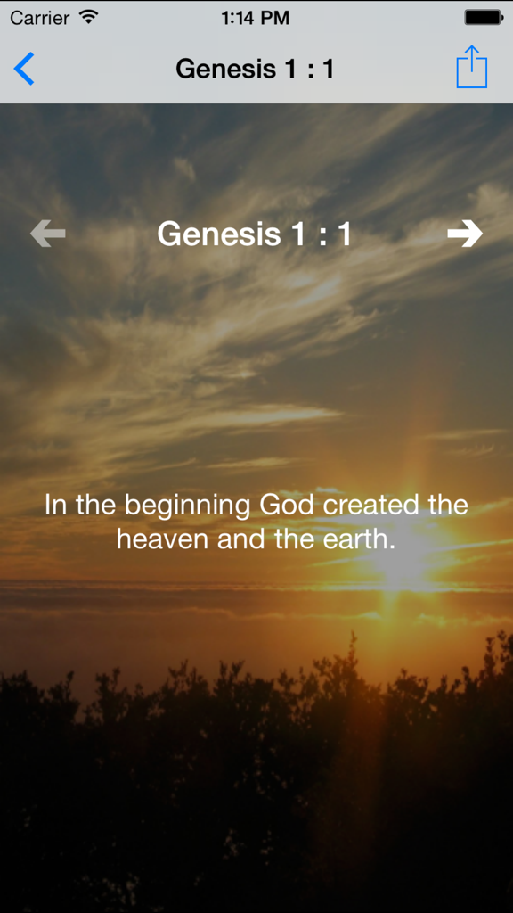 King James Version Bible app screen showing Genesis 1 verse 1 with a sunrise background