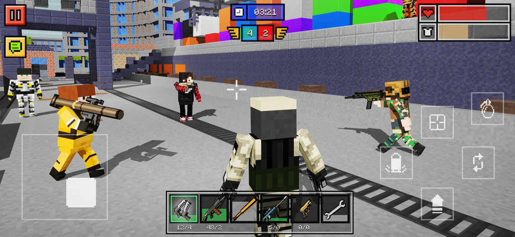 Multiplayer 3D pixel shooter gameplay with blocky characters and weapons