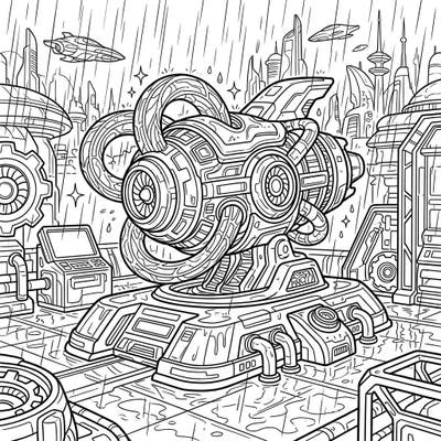 Dive into a world where advanced alien technology meets a dramatic rainy day in a futuristic city. This complex coloring page invites you to bring a vibrant sci-fi scene to life with your artistic touch.