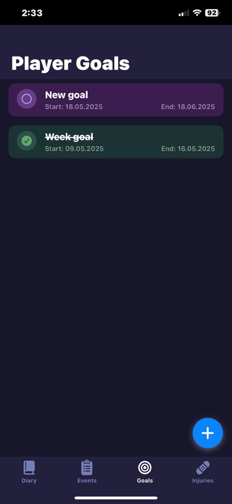 Ecuabe - Trackly: sport diary - Interfaz de la aplicación de diario deportivo Trackly que muestra la pantalla de Objetivos del Jugador con objetivos de fitness activos y completados.
