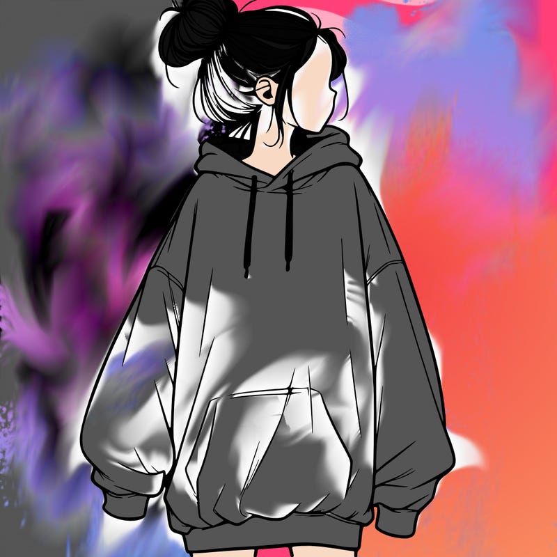realistic girl with a oversized sweatshirt on and a bun