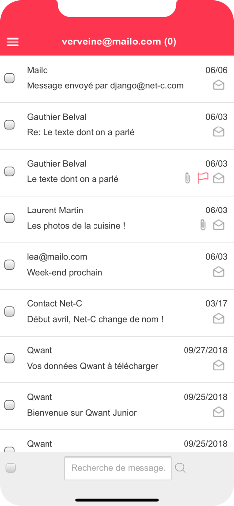 Mailo - Mailo mobile app inbox view showing a list of private emails and a search field