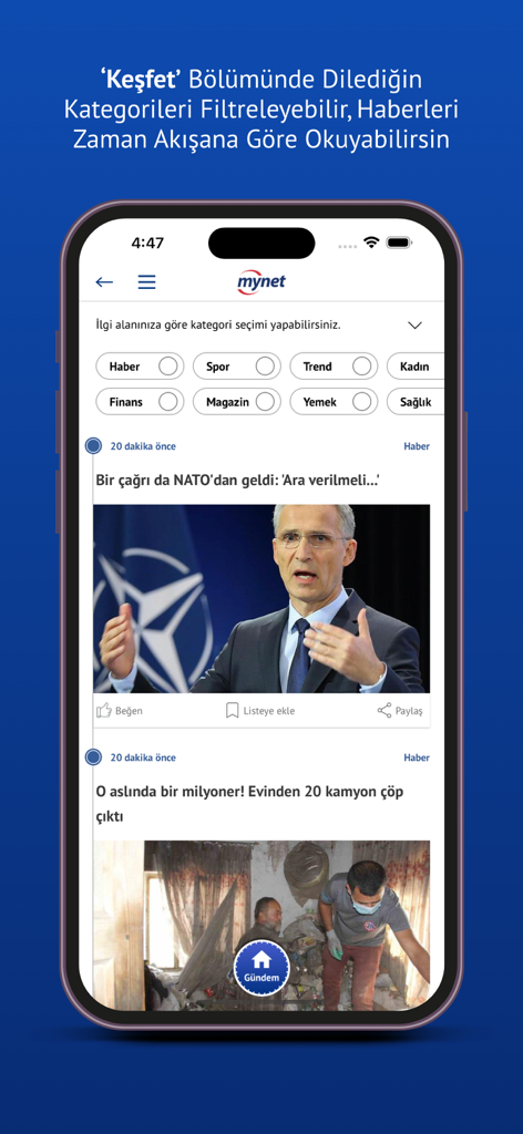 Mynet Haber - Son Dakika - Mynet Haber app interface showing discovery section with category filters for news sports and finance
