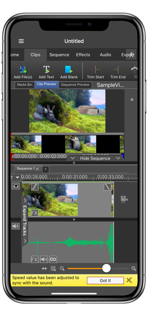Interface of VideoPad Masters app showing a multi-track timeline with video and audio editing features