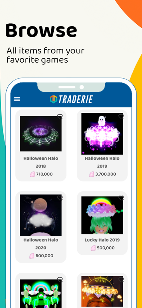 Tela de navegação do aplicativo móvel Traderie apresentando itens virtuais de jogos e seus valores de negociação.