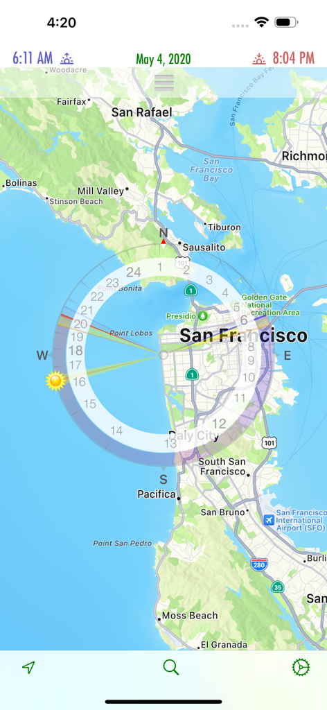 SunCalc.net - SunCalc app interface showing solar path and sunset times over a map of San Francisco