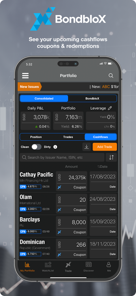 BondbloX mobile app interface showing upcoming bond portfolio cashflows and coupon payments