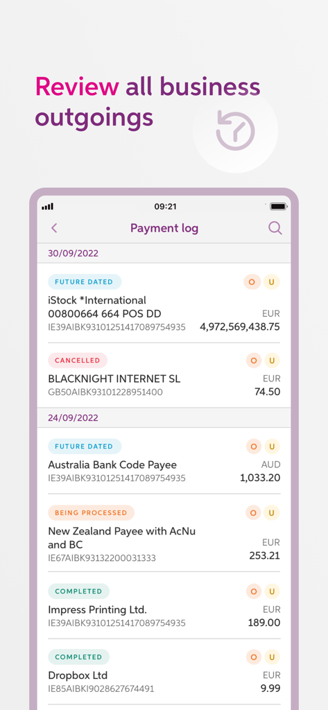 AIB Business app screen displaying a payment log with transaction history and statuses