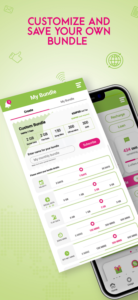 Screen of My-Zong app showing how to customize and save your own data and call bundle