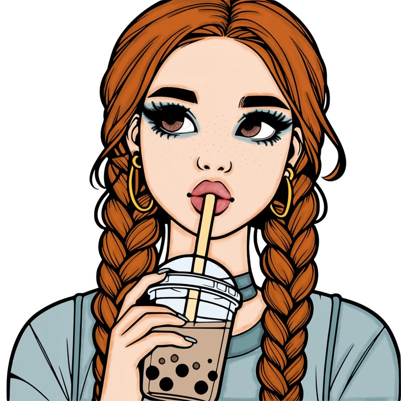 realistic girl with braided hair drinking boba