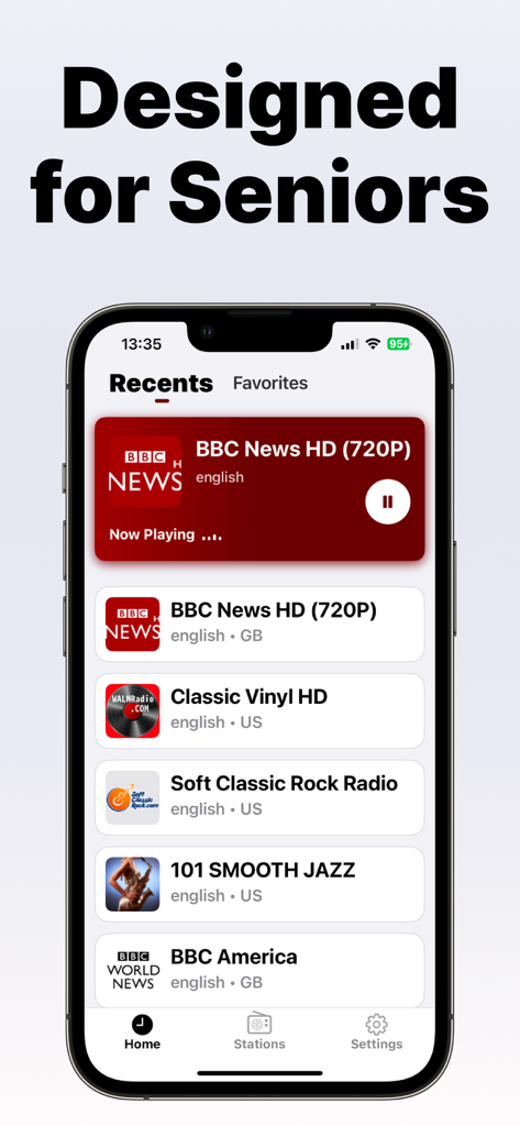Radio for Seniors - A smartphone screen displaying the Radio for Seniors app with large text and buttons showing a list of recent radio stations like BBC News and Classic Vinyl.