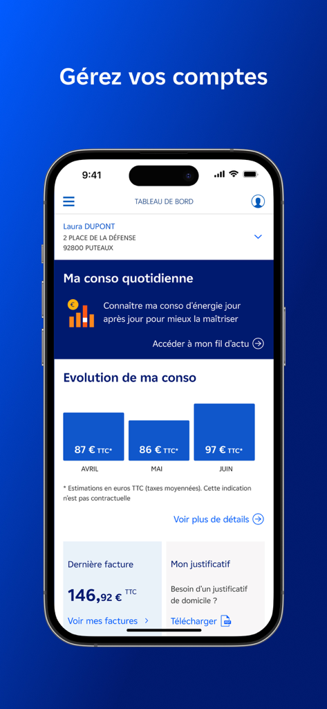 Dashboard of the EDF and Moi mobile app showing monthly energy consumption and billing information