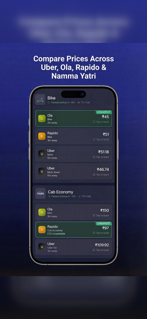Comparify: Cabs & Groceries - Comparison of ride hailing prices between Ola Rapido and Uber on the Comparify app
