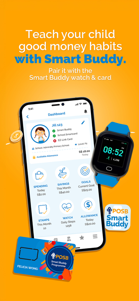 Smartphone mostrando el panel de control de POSB Smart Buddy con un smartwatch y tarjeta de pago a juego para niños