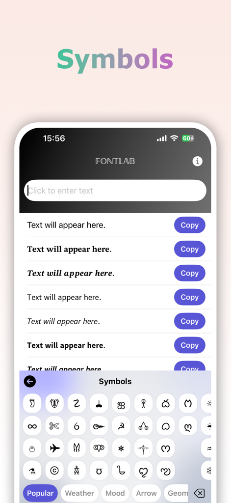 Interface do aplicativo FontLab mostrando um teclado com vários símbolos criativos.