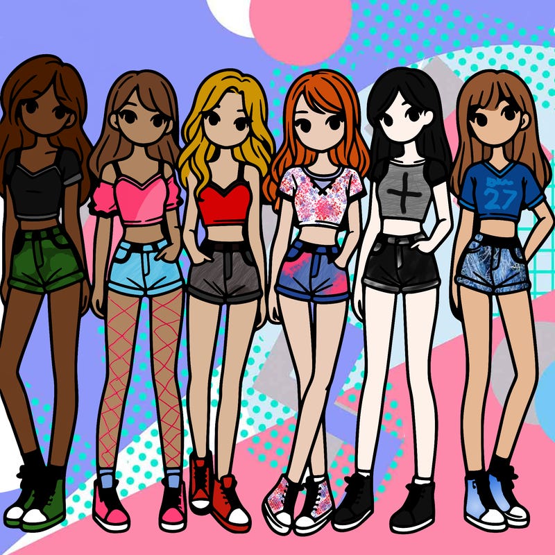 a group of girls wearing crop tops and shorts