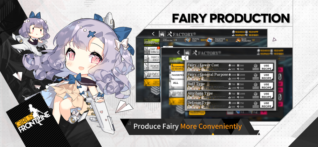Girls' Frontline Fairy Production menu showing tactical crafting recipes and chibi character art.