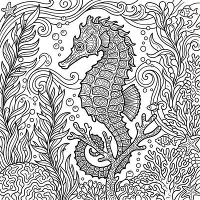 Immerse yourself in the beauty of the ocean with this exquisite Painted Seahorse coloring page. Its intricate patterns and lively underwater scene promise a captivating and relaxing artistic escape.