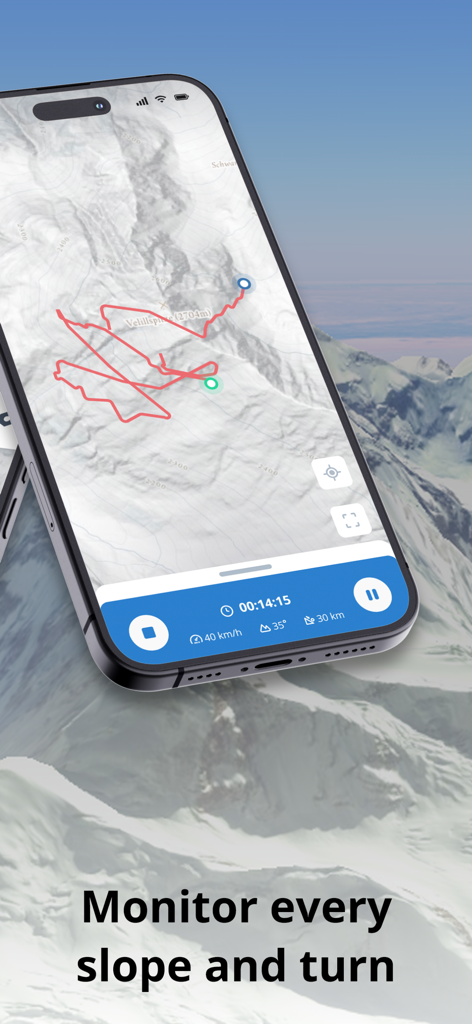 A smartphone displaying the SnowTrack app with a red GPS path of a ski run on a topographic mountain map