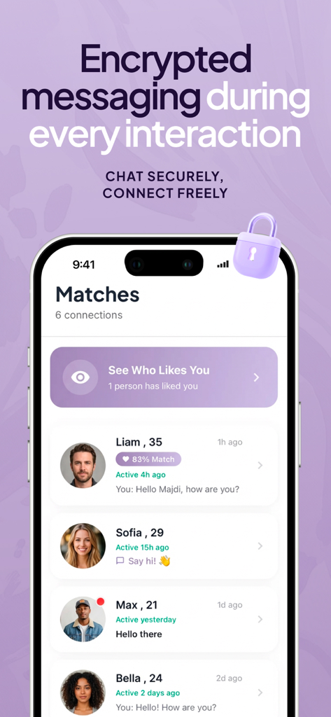 Interface of Accord app showing match connections and encrypted messaging features for lavender marriage