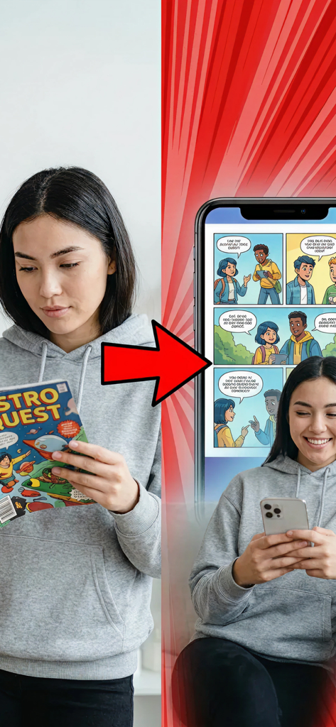 KAI webtoon comic maker - A woman transitioning from reading a physical comic book to using the KAI digital comic maker app on her smartphone.