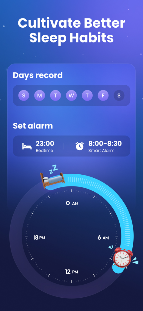 Sleep Tracker: Recorder, Sound - Interface do aplicativo móvel mostrando configurações de hora de dormir e alarme inteligente com um registro de hábitos de sono