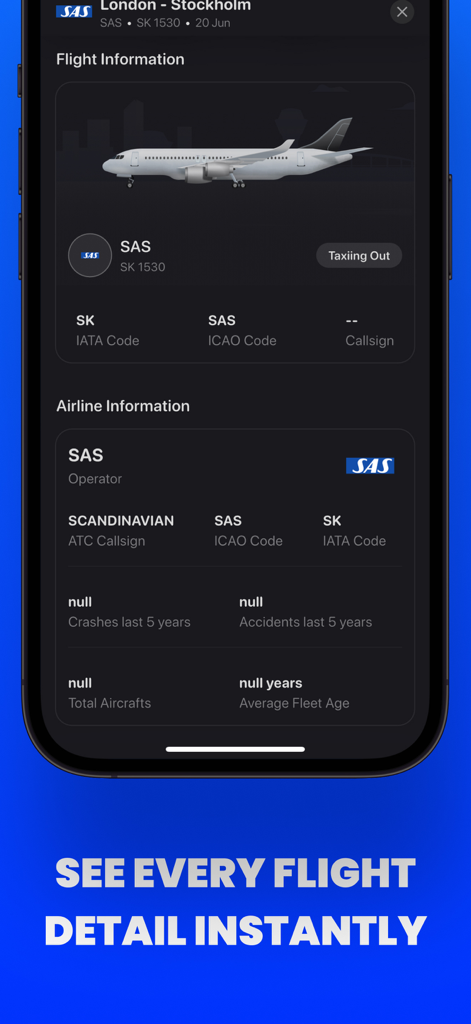 FlightsAround・Flight Tracker - Oberfläche der FlightsAround-App, die detaillierte Flugstatus- und Airline-Informationen für einen SAS-Flug anzeigt