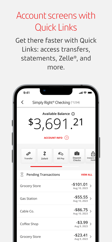 Santander Bank mobile app interface showing checking account balance, quick links for transfers and Zelle, and a list of recent transactions.