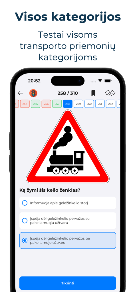 KET bilietai 2026 - Autostart - Interfaccia dell'app Autostart che visualizza una domanda del test di teoria della guida lituana con un segnale di avviso di attraversamento ferroviario
