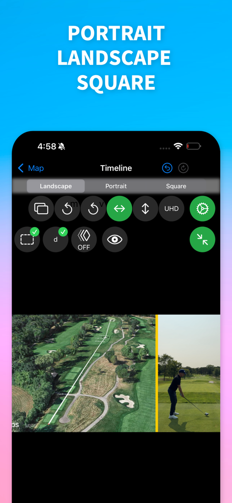 Interface de l'application Shot Tracer Map montrant la sélection des formats vidéo portrait, paysage et carré pour les créateurs de contenu de golf.