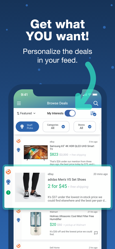 A mobile app interface for DealNews showing a curated list of personalized shopping deals and discounts.
