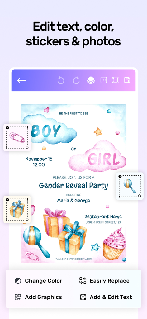 Invitation Card Design Maker - Interface of the invitation maker app showing a gender reveal party card being customized with stickers and text editing tools.